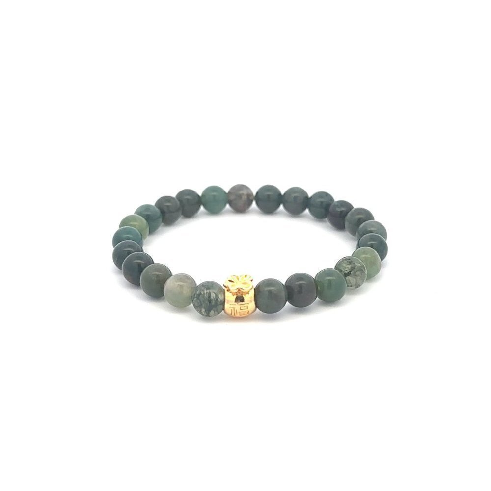 18K Gold Money Bag Charm Bracelet Natural Moss Agate Gemstones 6mm